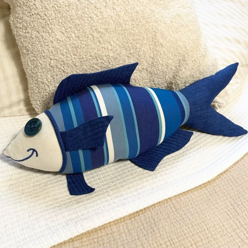 Fresh Catch Blue Striped Handcrafted Nautical Coastal Cottage Fish Accent Pillow